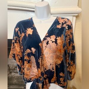 Navy and Orange Sheer Boho Velvet tie-waist Blouse SzS